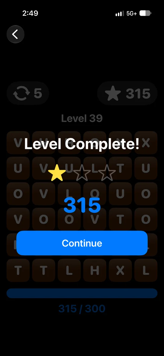 GlyphMatch Level Complete screen showing a score of 315 and a Continue button.