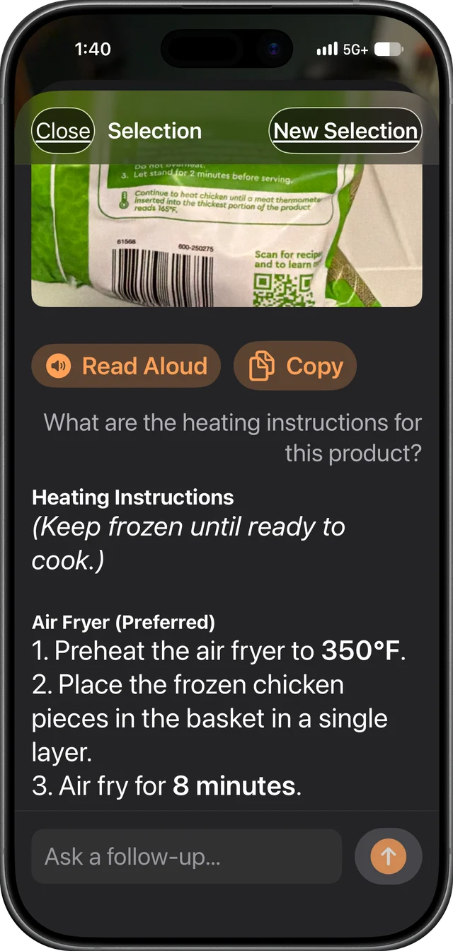 Lupek showing a frozen chicken bag, answering 'What are the heating instructions?' with air fryer steps: 350°F for 8 minutes.