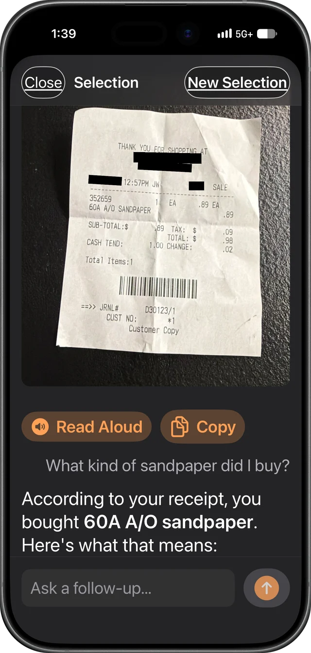 Lupek showing a store receipt, with the question 'What kind of sandpaper did I buy?' and the answer '60A A/O sandpaper'.